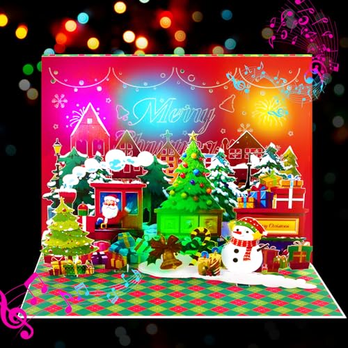 GREETING ART Musical Train Christmas Cards, Pop Up Christmas Cards with Light and Music, 3D Popup Musical Greeting Card, Funny Xmas Gift for for Kids Women Men Friends and Family