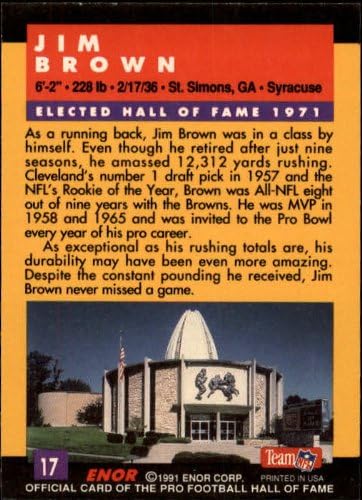 1991 ENOR Pro Football HOF Football Card #17 Jim Brown Near Mint/Mint