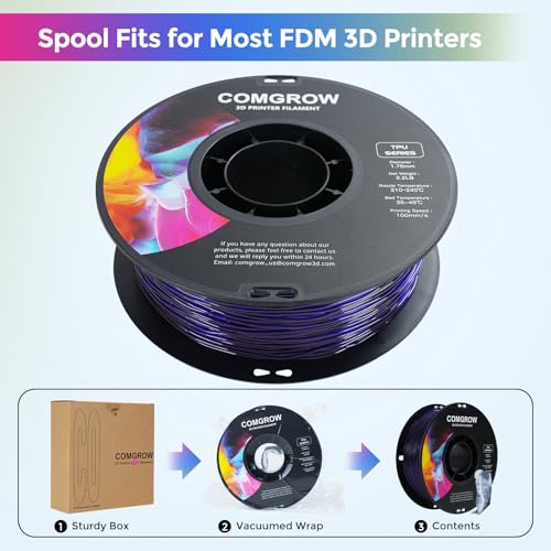 Image of Comgrow TPU Filament 1.75, Flexible 3D Printer Filament, 95A Soft fit Most 3D Printers Dimensional Accuracy + /- 0.02mm TPU Transparent Purple 1kg (2.2lbs)