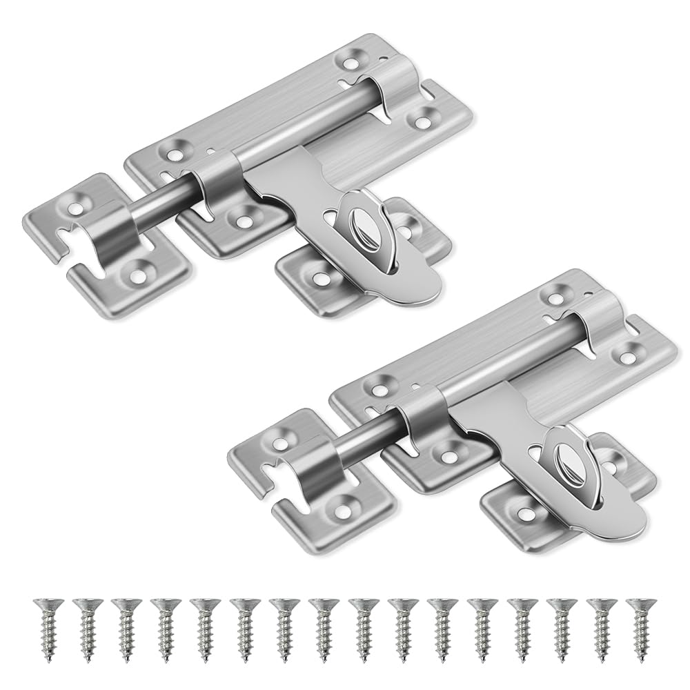 2Pcs Door Lock Bolt 4"(100mm) Slide Latch with Screws for Internal Bathroom Door Lock Bedroom Toilet Shed Garage Security - Silver Finish