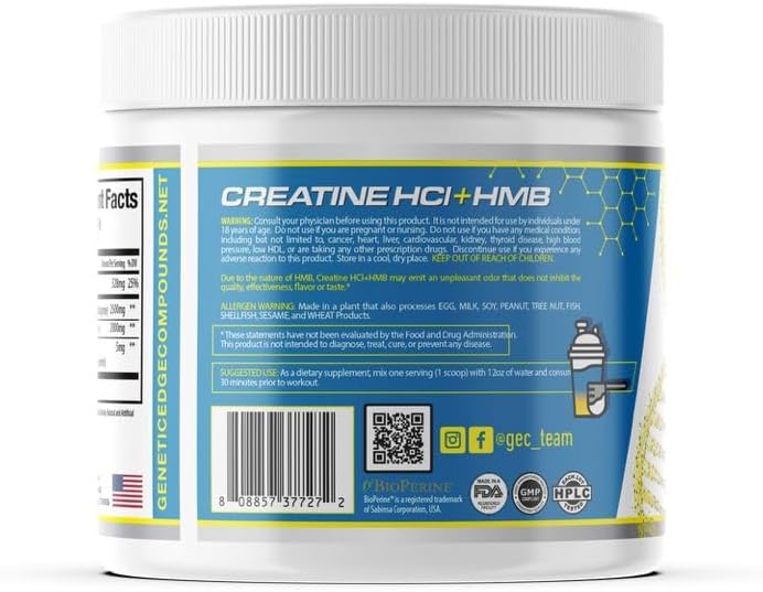Miniatura 4 de Creatina HCl + HMB para atletas  Fórmula de rendimiento y recuperación  0.07 oz de creatina HCl, 0.07 oz HMB, 5 mg BioPerine  Absorción rápida, sin
