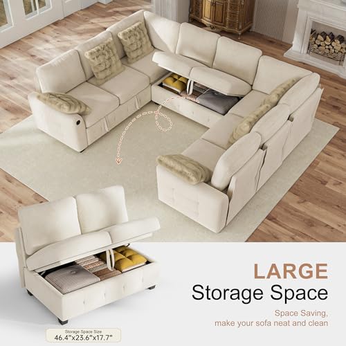 Image of Hanherry Sectional Couch with Pull Out Sofa Bed,Chenille Sleeper Sofa with 2 Seat Storage & USB Charging,Comfy L Shaped Modular Couches for Living Room,Apartment