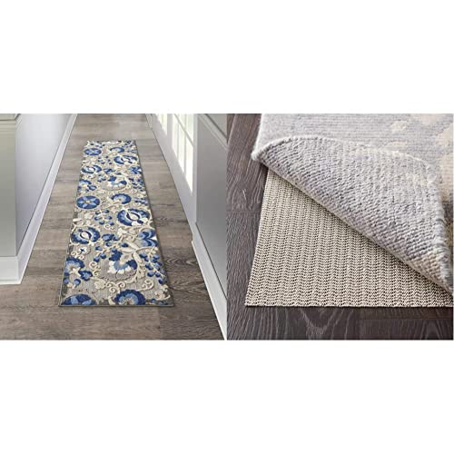 Bundle Of Nourison Aloha Indoor/Outdoor Natural/Blue 2' X 6' Area-Rug, Easy-Cleaning, Non Shedding, Deck, Backyard, Patio (2X6) + Nourison Anchorlock Non Slip Area Rug Runner Pad 1'8" X 7'6", Ivory #TOP21