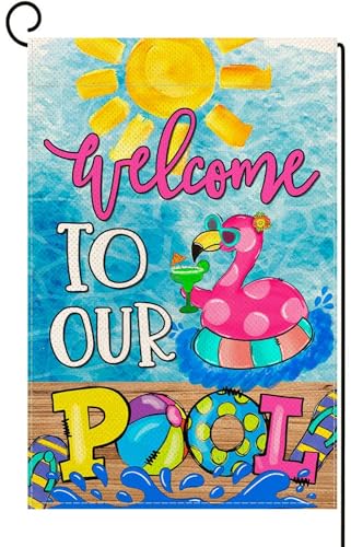 Baccessor Summer Pool Flamingo Garden Flag Double Sided Summer Welcome Pool Small Yard Flag Double Sided 12x18 Inch Burlap Vertical Seasonal Farmhouse Yard Outdoor Decoration