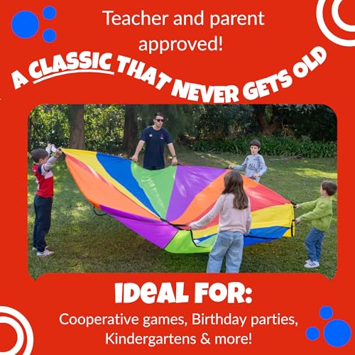 Image of Activejoy - Parachute for Kids - 8ft /12ft / 16ft / 20ft / 24 ft / 30ft - Rainbow Parachute Toy with Handles - Great for Gym Class, Field Day & Outdoor Games