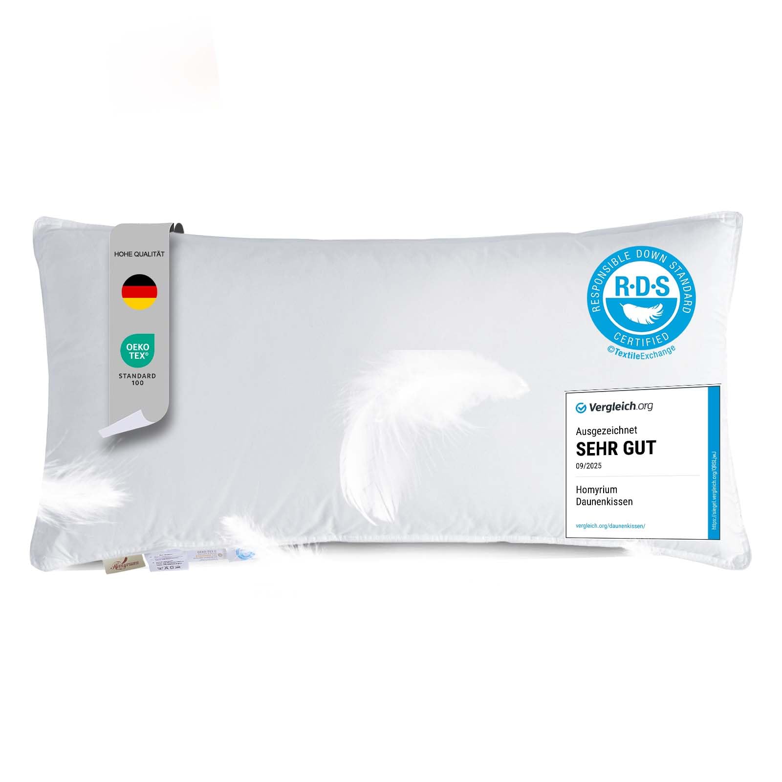 Homyrium Daunenkissen 40x80 Kopfkissen 40x80 Daunen Federkissen Dreikammer Kissen FÜLLUNG: außen 90% Daunen / 10% Federn; innen 100% Federn, 100% Baumwollbezug (800g, 1er Pack)