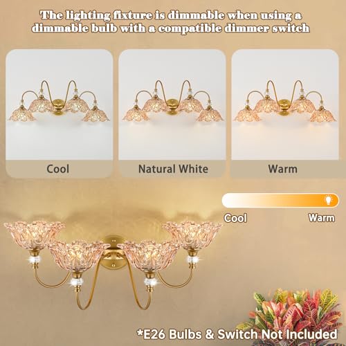 Image of Vintage Bathroom Vanity Light, 4-Light Matte Brass Finish Vanity Light with Floral Amber Glass Shades, Retro Wall Mount Lighting for Bathroom, Dressing Table