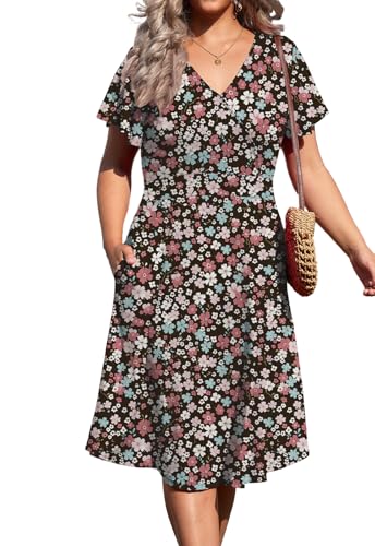 Image of Women's Plus Size Summer Dresses V Neck Ruffle Short Sleeve Casual Wrap A Line Midi Dress with Pockets