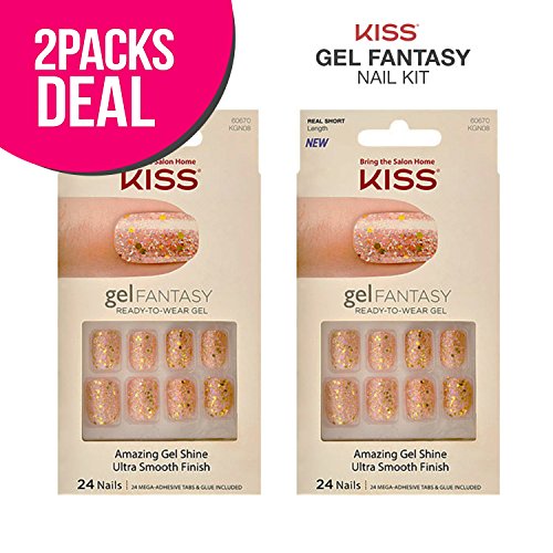 2 PACK !! Kiss Gel Fantasy Nail Kit (KGN08), Free Glue, Premium False Nails, Fashion Fake Nails