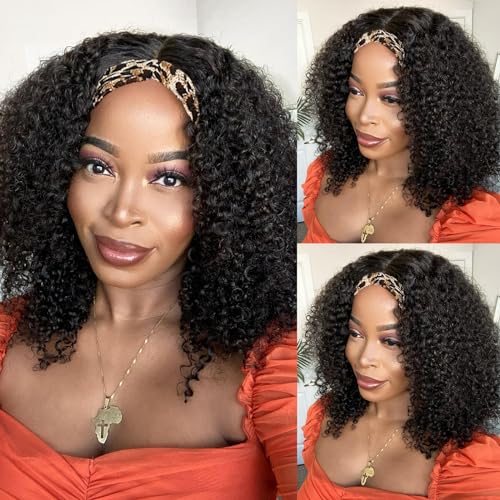 Image of Headband Wig Human Hair 16Inch Kinky Curly Glueless Wig 1B# Natural Color | Curly Headband Wigs for Black Women Glueless None Lace Front Wig Machine Made Wigs, 150% Density Brazilian Virgin Human Hair