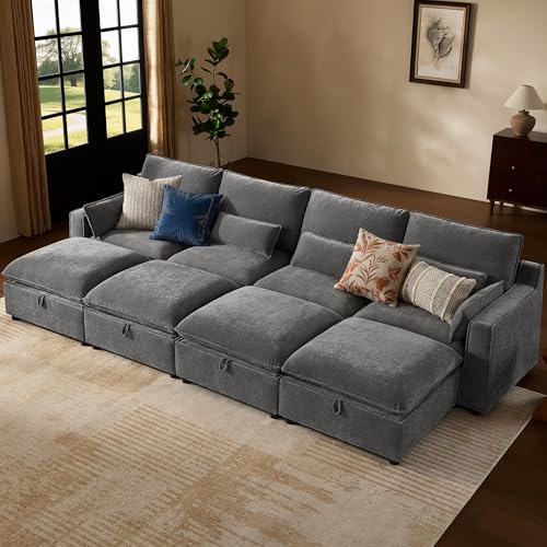 Image of WorthFurni Modern Modular Sectional Sofa,134 inch Sleeper Sofa Bed Sectional Cloud Couch with Storage Ottoman,Comfty Sofa for Living Room,Grey Chenille