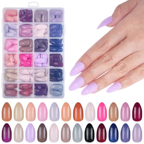 Image of 576Pcs Almond Press on Nails Medium Fake Nails 24 Solid Colors Full Cover Glossy Acrylic Artificial False Nail Tips for Women Nail Art Manicure 24 Color