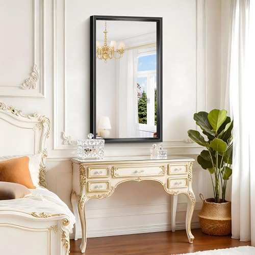 Image of Black Framed Mirror, 24 x 42 Inch Brushed Black Bathroom Mirrors for Over Sink, 0.6 inch Thickened Deep Frame Rectangle Mirrors for Wall, Tempered Glass, Antirust, Horizontally /Vertically