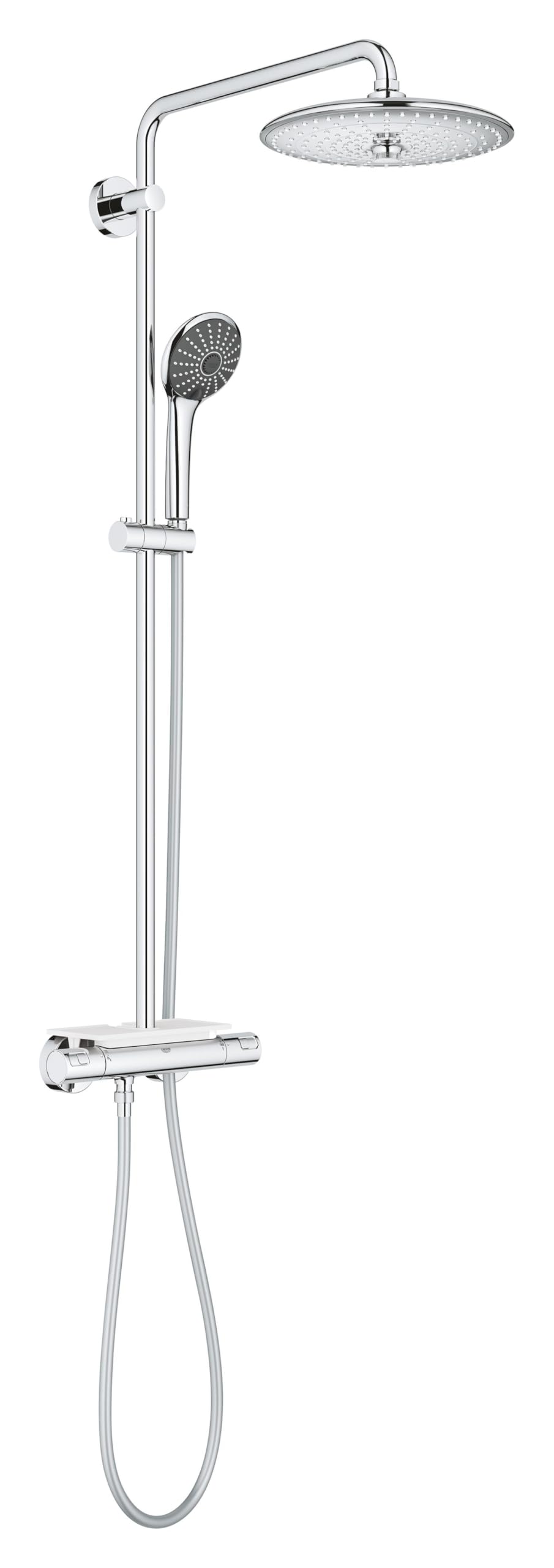 Vitalio Joy 260 - Shower System with Exposed Thermostat and Tray (Water Saving, 3-Spray Head Shower 26cm with Ball Joint Rotation Angle, 3-Spray Hand Shower 11cm, Hose 1.75 m), Chrome, 26403001