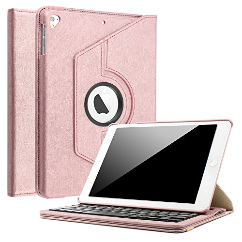iPad 9.7 2018 2017/iPad Pro 9.7/iPad Air 2/ iPad Air 1 Keyboard Case,Boriyuan 360 Degree Rotating Stand PU Leather Smart Cover with Detachable Wireless Bluetooth Keyboard for iPad 9.7 inch- Rose Gold