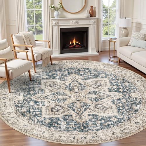 Tortania 8' Round Area Rug Living Room Rugs - Washable Boho Rug Vintage Oriental Distressed Farmhouse Large Thin Indoor Carpet for Bedroom Under Dining Table Home Office - Cream/Blue
