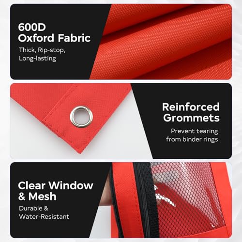 Image of 3 Ring Pencil Pouch for Binder, 2-Pocket Zipper Pencil Case with Clear Window & Mesh Pocket, 600D Oxford Fabric Binder Pouch for School Office Supplies, Fits Standard 3-Ring Binders, Red