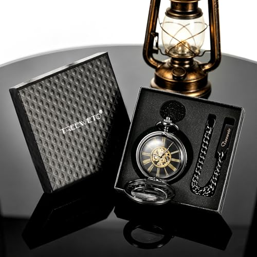 Image of TREEWETO Mechanical Pocket Watch Magnifier Case Steampunk Skeleton Roman Numerals Dial for Men Women