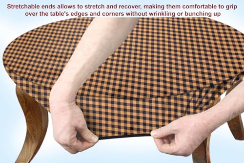 Image of The Furnishing Tree Round Elastic Fitted Center Tpoy Table Cover WxL 28x28 Inches Checkered Pattern Brown
