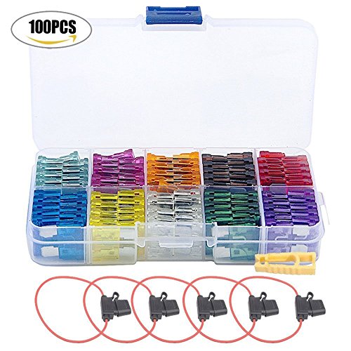 iRoundy Kit de 100 piezas Fusibles de Coche Mezclado + 5pcs Portafusibles para Automóvil Camion Moto o Barco (2A 3A 5A 7.5A 10A 15A 20A 25A 30A 35A)