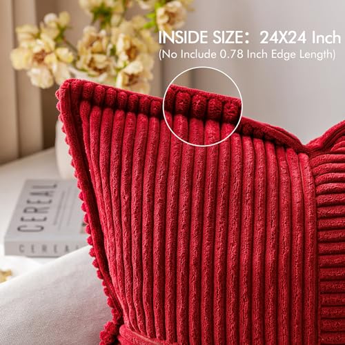 Image of MIULEE Decorative Euro Sham Throw Pillow Covers for Couch Bed Livingroom 24x24 Inch Set of 2 Red Boho Accent Throw Pllows Broadside Striped Patchwork Soft Corduroy Pillowcases