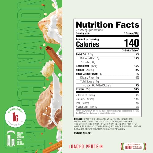 Image of Ryse Loaded Protein Powder - Apple Cinnamon Donuts Sticks - 25g Whey Protein Isolate & Concentrate with Prebiotic Fiber & MCTs - Low Carb, Low Sugar, Digestive-Friendly - 27 Servings / 2 lb Tub