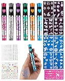 Stylos de tatouage à paillettes pour enfants - 6 couleurs avec 9 pochoirs, 86 motifs et pierres précieuses, cadeaux parfaits pour les fêtes et le carnaval