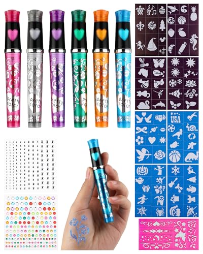 Stylos de tatouage à paillettes pour enfants - 6 couleurs avec 9 pochoirs, 86 motifs et pierres précieuses, cadeaux parfaits pour les fêtes et le carnaval
