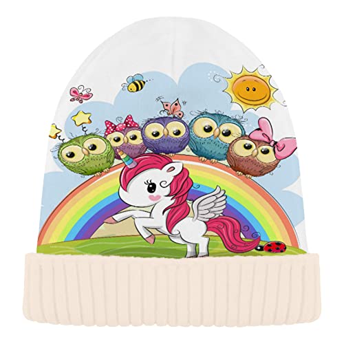 Naanle Hibou licorne arc-en-ciel pour femme Bonnet extensible chaud tricoté Bonnet d'hiver Skully Blanc Bonnet de ski pour femme, Black, M/L Cover