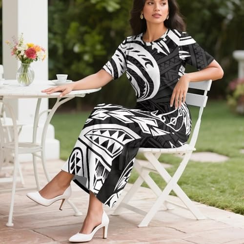 Image of Puletasi Samoan Traditional 2 Piece Outfits for Women Short Sleeve Crop Top and Maxi Skirt Sets Puletasi Dress