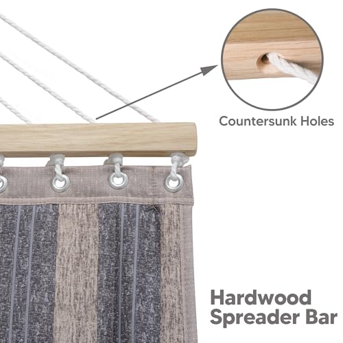 Image of SUNCREAT Double Quilted Hammock with Hardwood Spreader Bar, Extra Large Soft Pillow, Heavy Duty 2 Person Hammock for Indoor, Outdoor, Gray Stripes