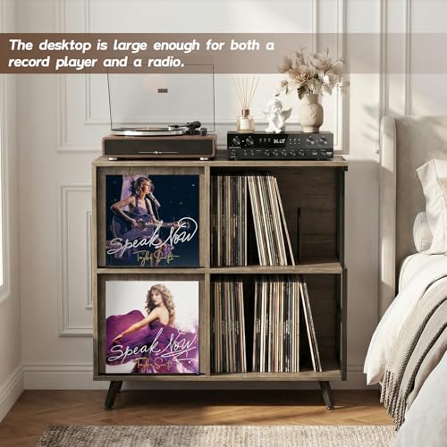 Image of Faesun 3 Tier Flip Top Record Player Stand, Vinyl Record Storage Holds up to 300+ Albums, Large Record Player Cabinet, Vintage Turntable Stand with Vinyl Display, for Living Room Bedroom, Gray