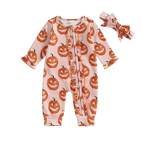 Doisbetthsay Halloween Newborn Baby Girl Clothes Infant Long Sleeve Romper Jumpsuit Bodysuit Christmas Outfits (Orange, 0-3 Months)