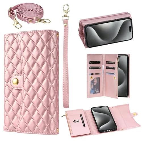 Étui à rabat en cuir pour iPhone 14 Plus avec portefeuille zippé rose