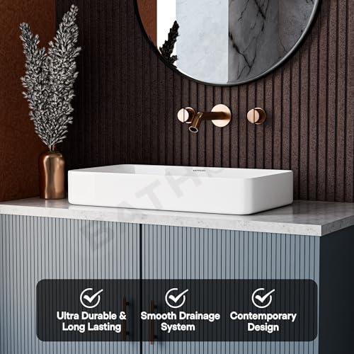 Image of Table Top Ceramic Wash Basin For Bathroom | Rectangular Counter Top Bathroom Sink, Premium Glossy White Above Counter Vanity Basin, Modern Design (24 x 14 x 5 Inch)