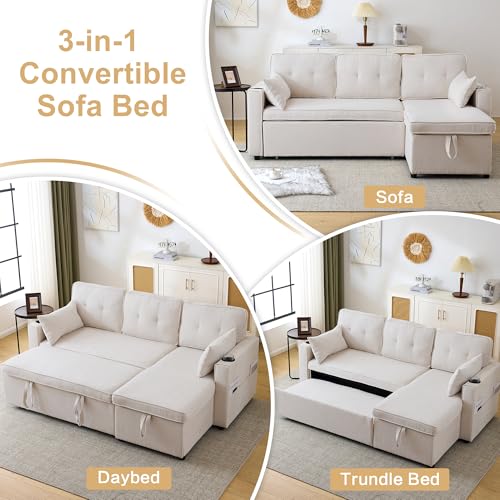 Huayz 3-in-1 Convertible Corner Sofa Bed with Storage, L Shape Sofa Bed with Internal Storage Chaise, Pull Out Sofa Bed with Cup Holders, Pillows and Pocket for Living Room & Office - Image 6