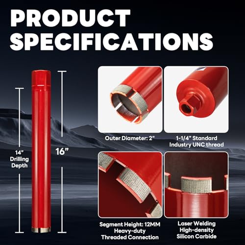 Image of Premium 2 inch Wet Core Drill Bit for Hard Concrete with High-Density Diamond, Precision-Welded Segments, 1-1 /4 inch-7 Thread x 14 inch Depth, Industrial Grade for Concrete Rebar, Brick, Masonry, Asphalt