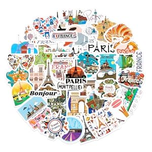 Tenare 50 Stück Aufkleber Frankreich Sticker Paris Aufkleber Paris Wasserfeste Urlaubsaufkleber Paris Reiseaufkleber für Wasserflasche Laptop Gepäck Scrapbooking Zeitschriftenkoffer Gitarre (France)