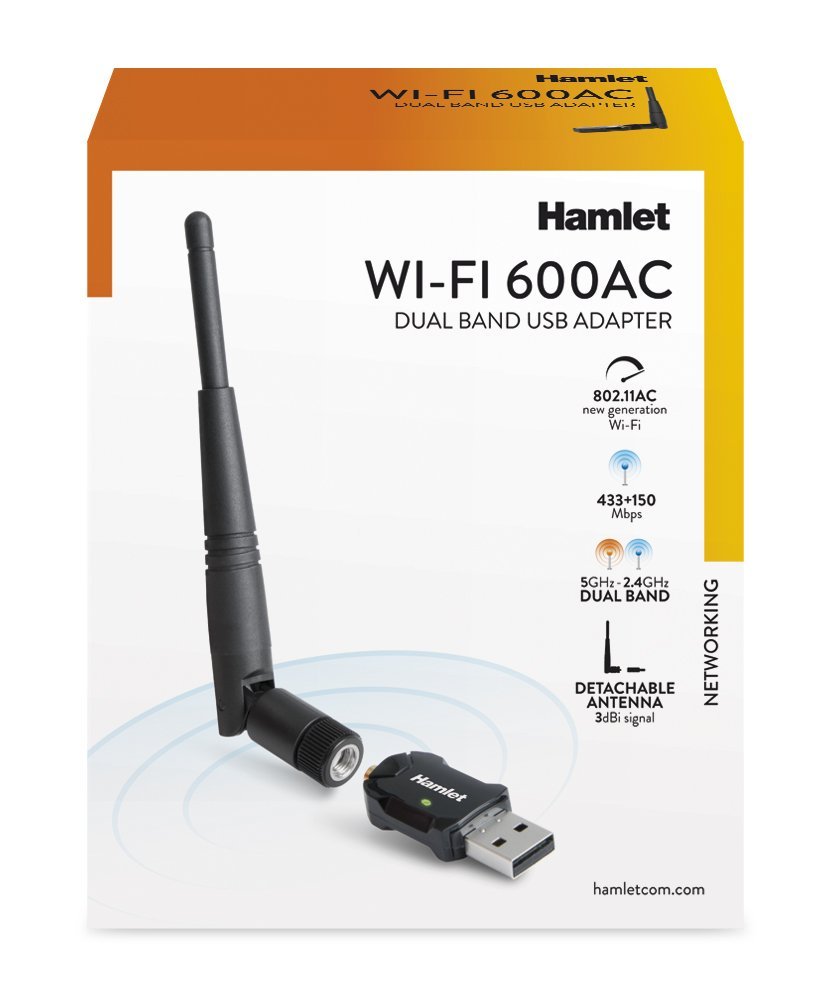 Hamlet HNW600ACU karta sieciowa WLAN 600 Mbit/s - karty sieciowe (bezprzewodowe, USB, WLAN, Wi-Fi 5 (802.11ac), 600 Mbit/s, czarny)