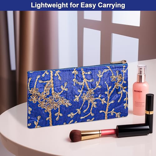 Image of Kuber Industries 2 Pcs Polyester Hand Purse for Woman & Girls with Zip | Lightweight & Compact Ladies Purse /Wallet for Party, Wedding & Events | Embroidery Design - Blue