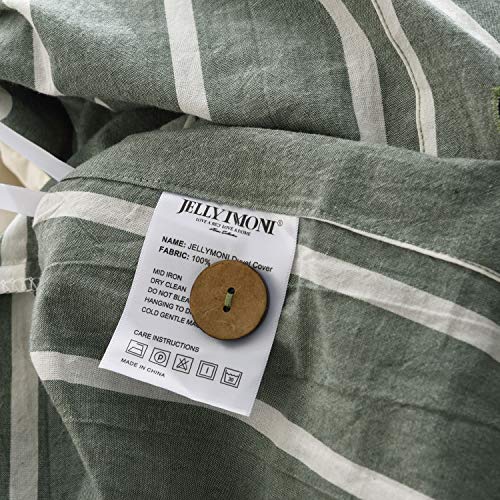 Jellymoni Striped 100% Washed Cotton Linen Like Duvet Cover Set, 3 Pieces Luxury Soft Bedding Set With Buttons Closure, Green Stripes Pattern Duvet Cover Queen Size(No Comforter) #TOP7