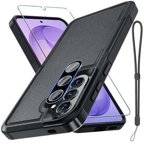 RMOCR Case for Samsung Galaxy A57 5G Phone Cover with Screen Protector+Camera Lens Cover,Military Grade Heavy Duty Shockproof PhoneCase with Wrist Lanyard Strap for Sam A57,Black Matte
