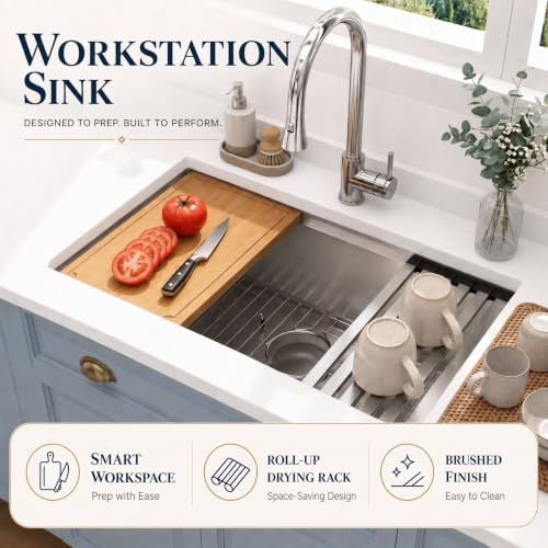 Image of LQS 30 Inch Undermount Kitchen Sink with Round Corner, 30 inch x 18 inch Undermount Kitchen Sink 16 Gauge Stainless Steel, R10 Round Corner with Handmade Workstation Ledge and Built-In Abundant Accessories
