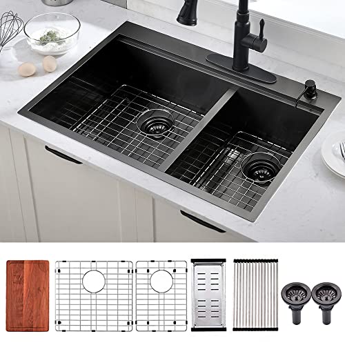 BoomHoze 33 mattschwarze Küchenspüle, Doppelschüssel, 33 x 22 Top Mount Workstation, Küchenspüle, Doppelschüssel, 60/40, 16 Gauge, schwarz Edelstahl, Küchenspüle mit Schneidebrett Cover