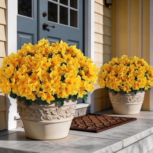 8 Bundles Artificial Flowers For Front Door, Fake Silk Azalea Bouquet Silk Flowers For Outside Uv Resistant Realistic Faux Plants For Planter Farmhouse Patio Garden Walkways Home Decor (Yellow)