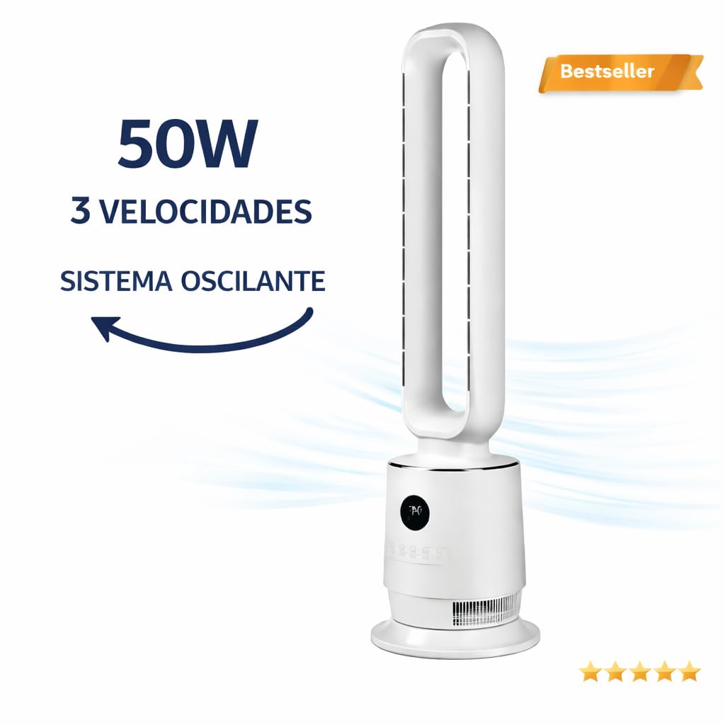 Max Star - Ventilador de Torre sin Aspas 50W con Pantalla LED de Temperatura, Silencioso con Mando a Distancia, 3 Velocidades, Oscilación 80°, Temporizador 12H, 85 cm de Altura para Hogar y Oficina