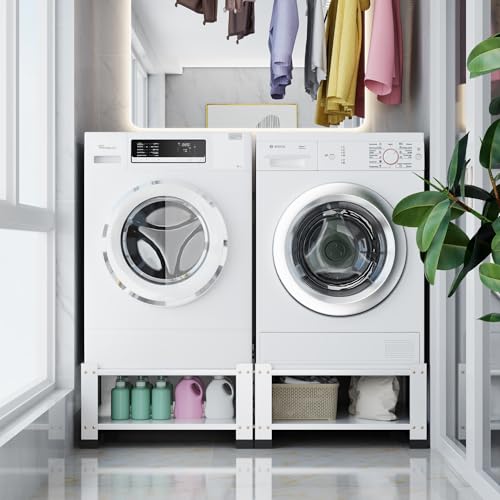 Image of 2 Pack Washer and Dryer Pedestals, 28 Inch, 14.37 Inch High | White metal stands with storage shelves, 800 lb capacity per stand, cushion pads, and required assembly.