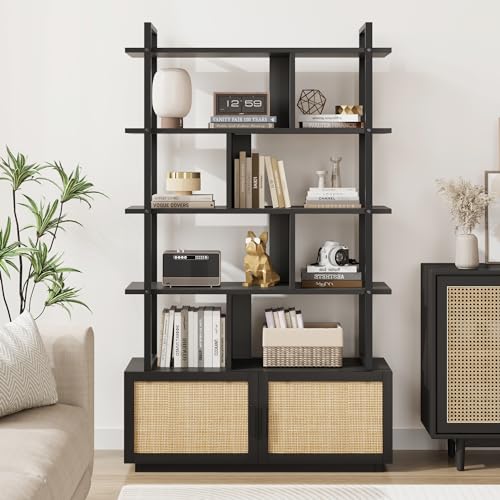 IDEALHOUSE 5 Tier Rattan Bookshelf with Storage Cabinet & Door, 71.1 Inch Tall Industrial Book Shelf with Open Display Shelves, 5 Shelf Bookcase with Metal Frame for Living Room, Bedroom -Black