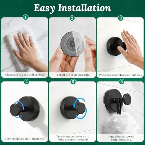 Image of Suction Cup Hooks for Shower, No Drill Removable Bathroom Hooks for Loofahs | Shower Hooks for Inside Shower, Heavy Duty Shower Suction Hooks for Bathroom Window, Door, and Wall, 2 Pack, Black