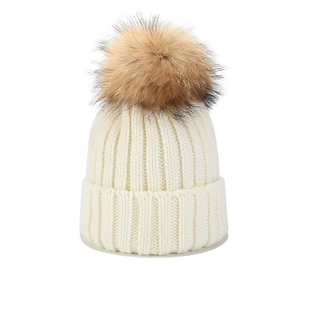 Van Der Linn Adult Kids Knitted Winter Warm Beanie Fur Bobble Woolly Pom Pom Hat (Kids, White)